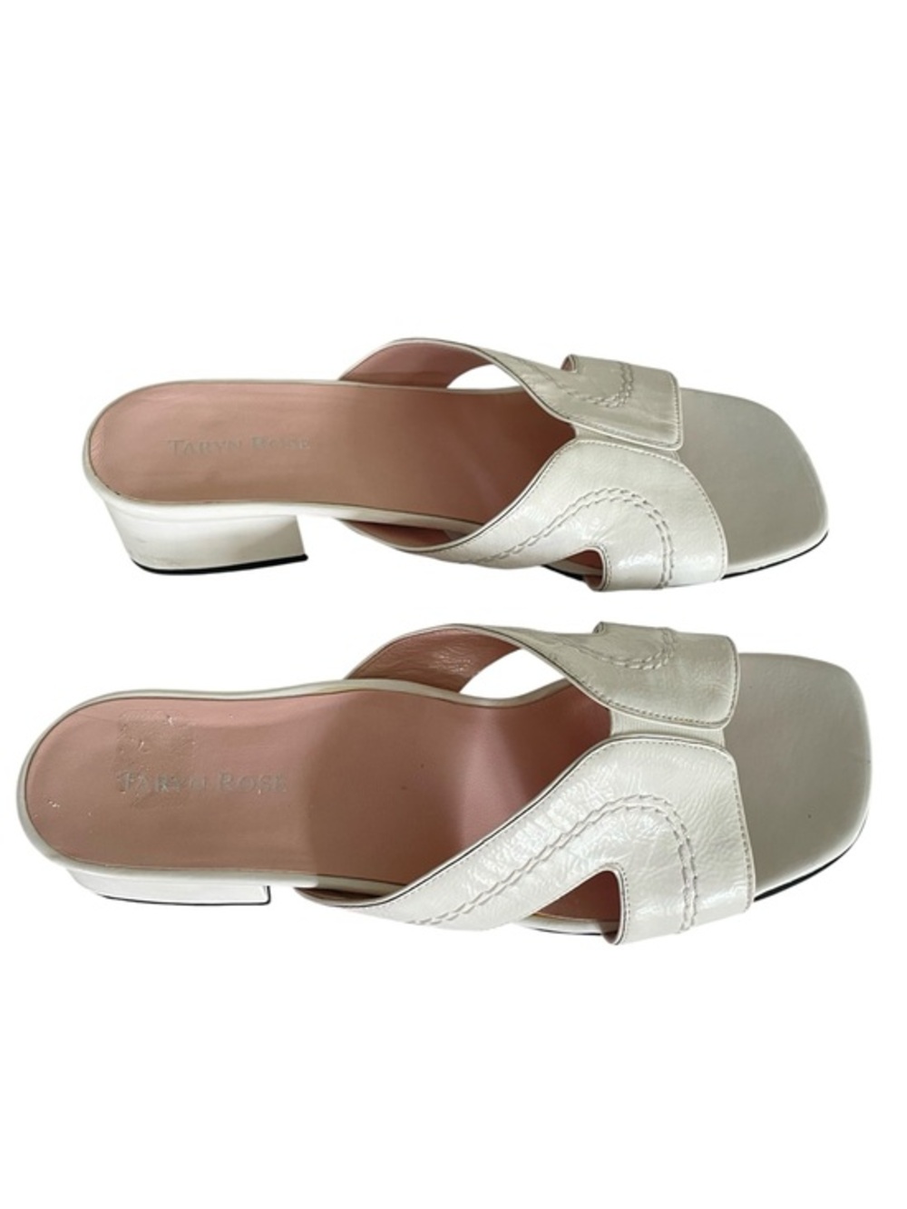 Taryn Rose Cream White Patent Leather Low Block Heel Slide Sandals in size 10
